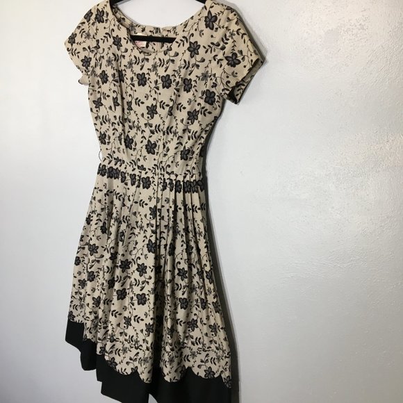 Vintage 50s Tan Floral Fit and Flare Party Dress Matching Belt Pleated Skirt VLV - Picture 14 of 16